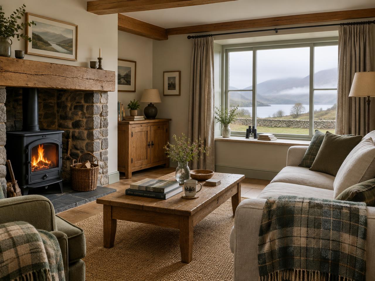 Cosy cottage living room with a wood burner and tartan throws